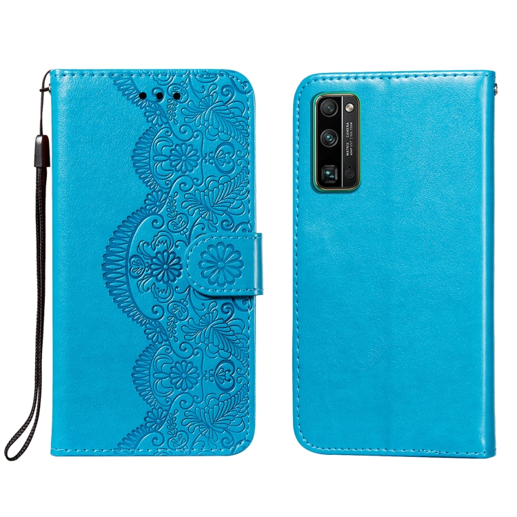 

For Huawei Honor 30 Pro Flower Vine Embossing Pattern Horizontal Flip Leather Case with Card Slot & Holder & Wallet & Lanyard(Blue)