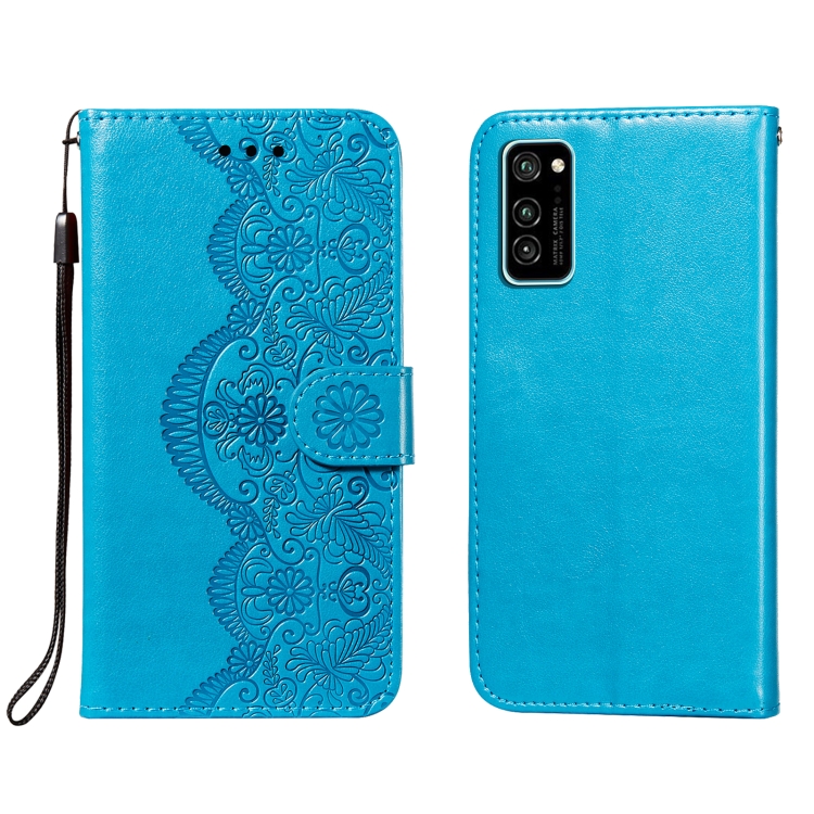 

For Huawei Honor V30 / V30 Pro Flower Vine Embossing Pattern Horizontal Flip Leather Case with Card Slot & Holder & Wallet & Lanyard(Blue)
