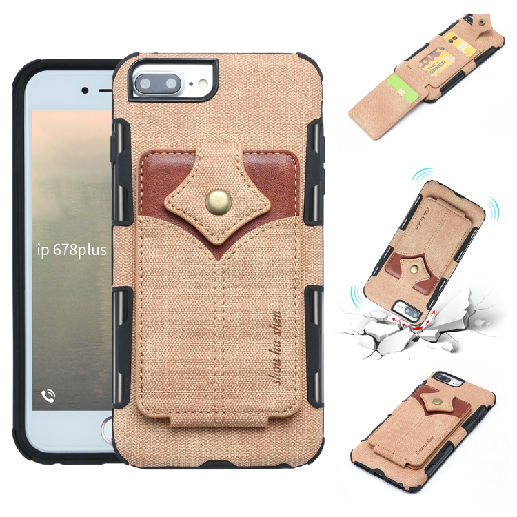 

For iPhone 8 Plus & 7 Plus Cloth Texture + PU + TPU Shockproof Protective Case with Card Slots(Khaki)