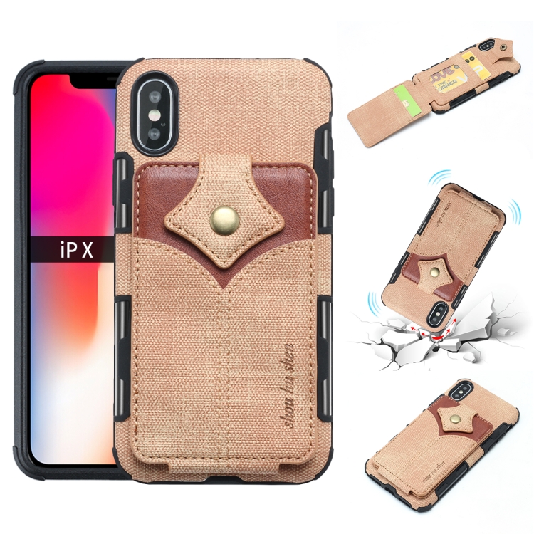 

For iPhone XS / X Cloth Texture + PU + TPU Shockproof Protective Case with Card Slots(Khaki)