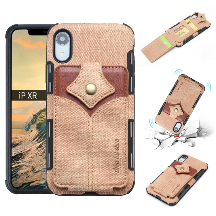 

For iPhone XR Cloth Texture + PU + TPU Shockproof Protective Case with Card Slots(Khaki)