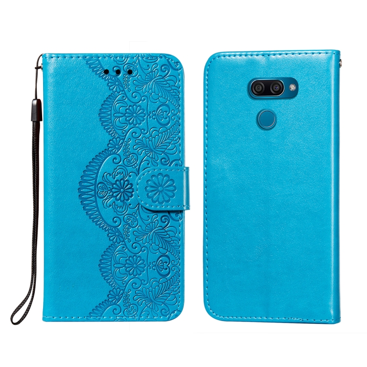 

For LG K50 Flower Vine Embossing Pattern Horizontal Flip Leather Case with Card Slot & Holder & Wallet & Lanyard(Blue)
