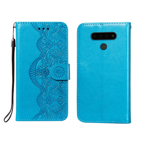 

For LG V40 ThinQ Flower Vine Embossing Pattern Horizontal Flip Leather Case with Card Slot & Holder & Wallet & Lanyard(Blue)