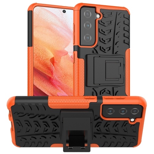 

For Samsung Galaxy S21 5G Tire Texture Shockproof TPU+PC Protective Case with Holder(Orange)