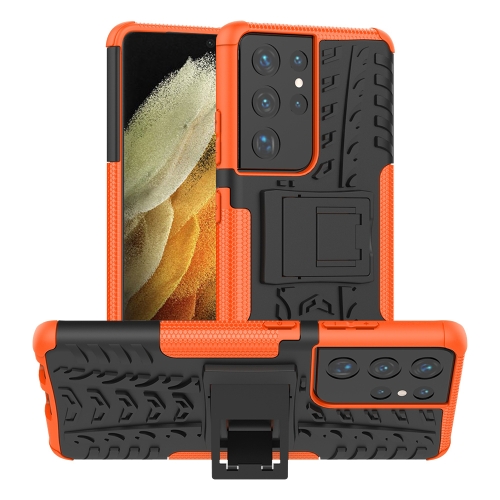 

For Samsung Galaxy S21 Ultra 5G Tire Texture Shockproof TPU+PC Protective Case with Holder(Orange)