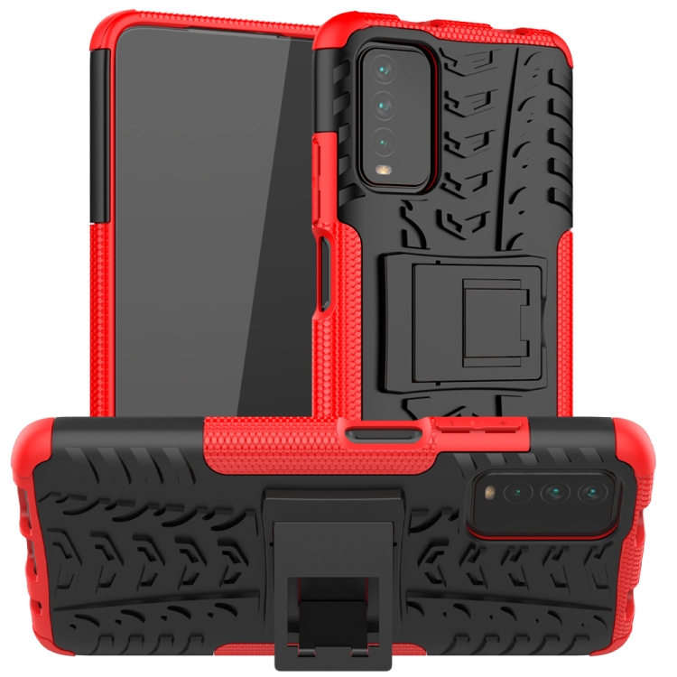

For Xiaomi Poco M3 /Redmi Note 9 4G Tire Texture Shockproof TPU+PC Protective Case with Holder(Red)