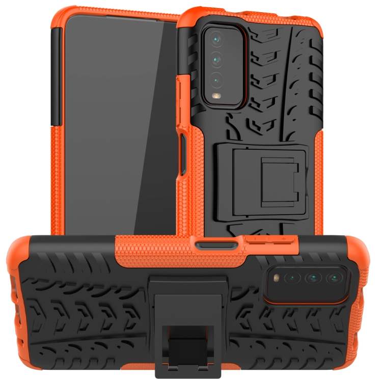 

For Xiaomi Poco M3 /Redmi Note 9 4G Tire Texture Shockproof TPU+PC Protective Case with Holder(Orange)