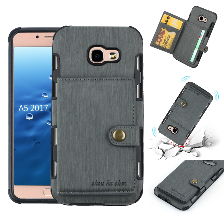 

For Galaxy A5 (2017) Brushed Texture Shockproof PU + TPU Case, with Card Slots & Wallet & Photo Frame(Grey)