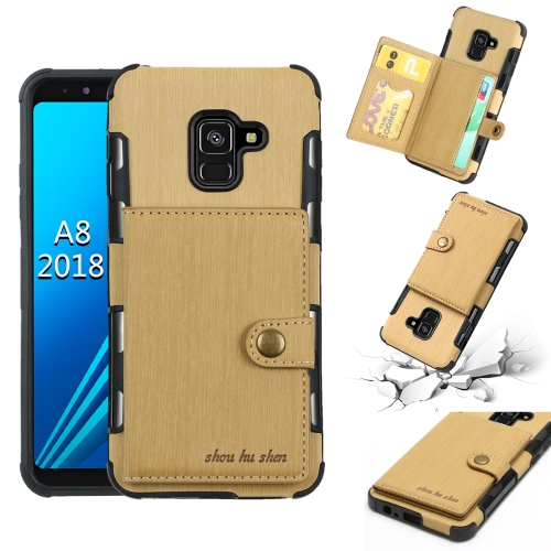 

For Galaxy A8 (2018) Brushed Texture Shockproof PU + TPU Case, with Card Slots & Wallet & Photo Frame(Gold)