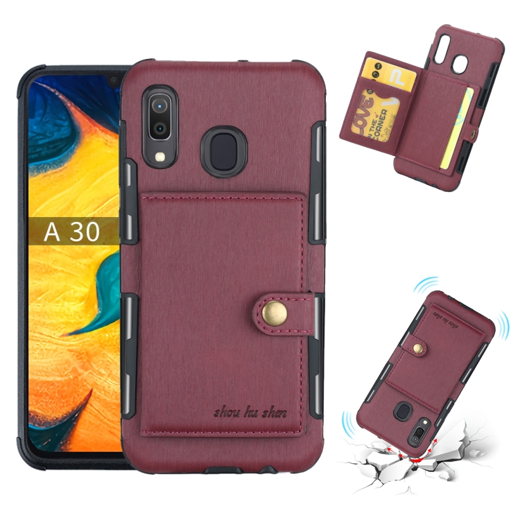 

For Galaxy A30 Brushed Texture Shockproof PU + TPU Case, with Card Slots & Wallet & Photo Frame(Wine Red)