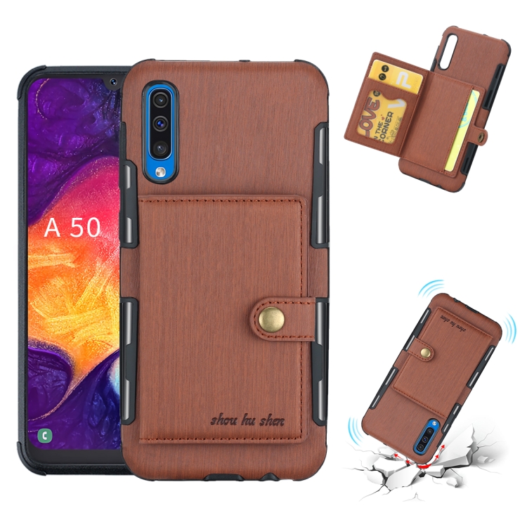

For Galaxy A50 Brushed Texture Shockproof PU + TPU Case, with Card Slots & Wallet & Photo Frame(Brown)