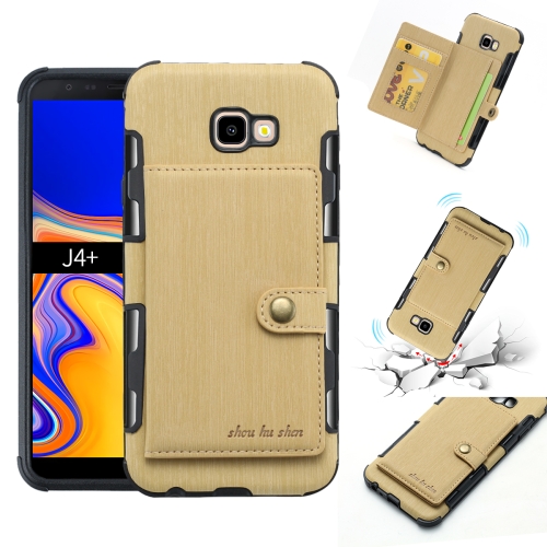 

For Galaxy J4+ Brushed Texture Shockproof PU + TPU Case, with Card Slots & Wallet & Photo Frame(Gold)