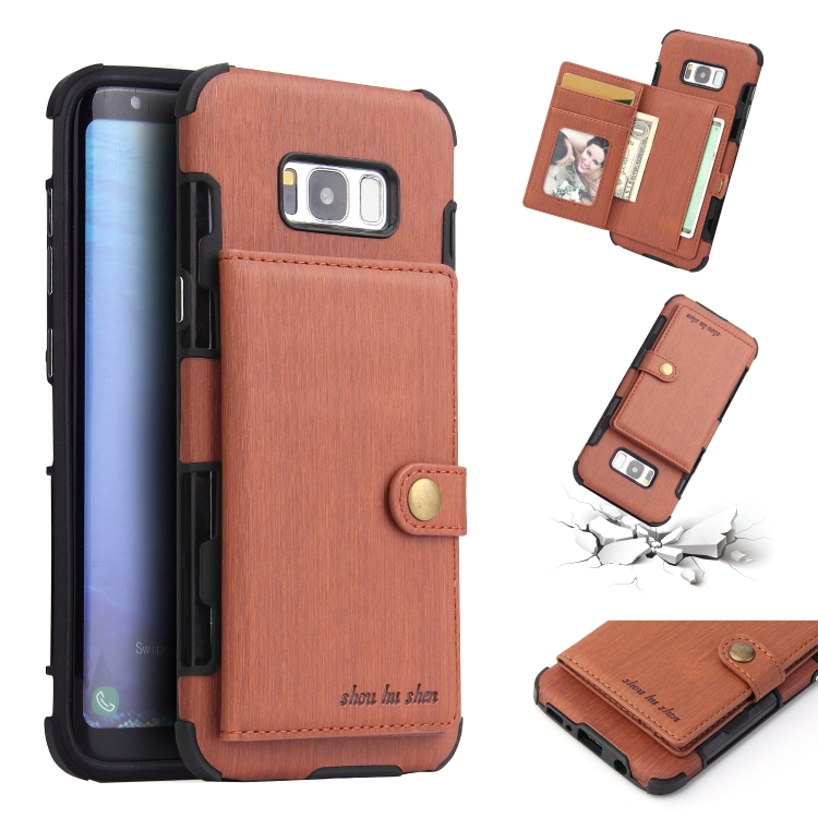 

For Galaxy S8+ Brushed Texture Shockproof PU + TPU Case, with Card Slots & Wallet & Photo Frame(Brown)