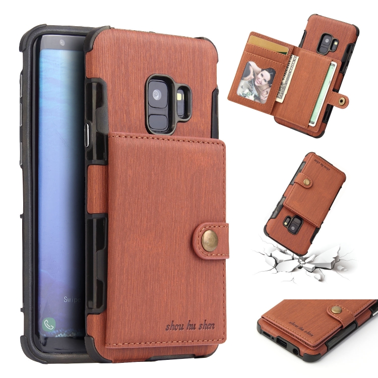 

For Galaxy S9 Brushed Texture Shockproof PU + TPU Case, with Card Slots & Wallet & Photo Frame(Brown)