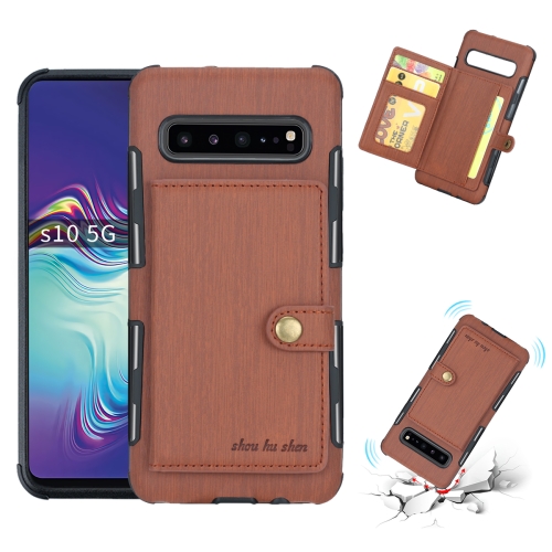 

For Galaxy S10 5G Brushed Texture Shockproof PU + TPU Case, with Card Slots & Wallet & Photo Frame(Brown)