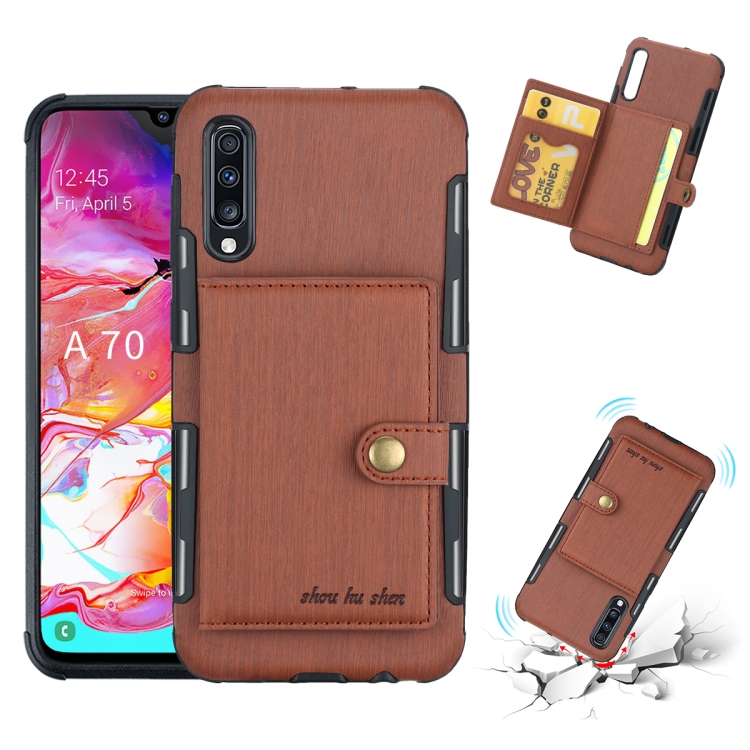 

For Galaxy A70 Brushed Texture Shockproof PU + TPU Case, with Card Slots & Wallet & Photo Frame(Brown)