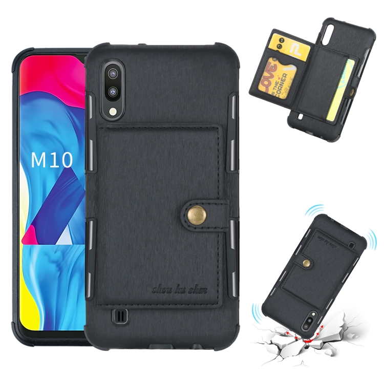 

For Galaxy M10 Brushed Texture Shockproof PU + TPU Case, with Card Slots & Wallet & Photo Frame(Black)