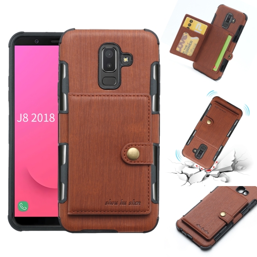 

For Galaxy J8 (2018) Brushed Texture Shockproof PU + TPU Case, with Card Slots & Wallet & Photo Frame(Brown)