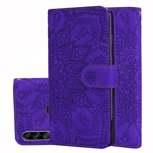 

For Galaxy A20s Calf Pattern Mandala Double Folding Design Embossed Leather Case with Wallet & Holder & Card Slots(Purple)
