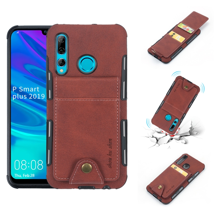 

For Huawei P Smart+ 2019 Cloth Texture + TPU Shockproof Protective Case with Vertical Flip Card Slots(Brown)