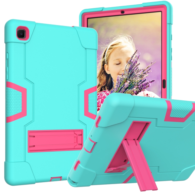 

For Samsung Galaxy Tab A7 10.4 (2020) T500 Contrast Color Robot Shockproof Silicon + PC Protective Case with Holder(Mint Green + Rose Red)