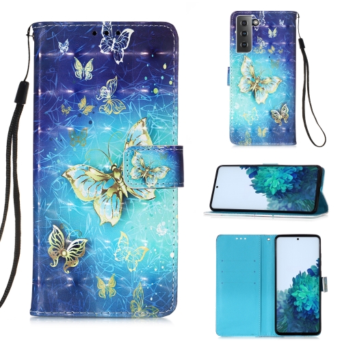 

For Samsung Galaxy 21+ 5G 3D Painting Horizontal Flip Leather Case with Holder & Card Slot & Wallet & Lanyard(Golden Butterfly)