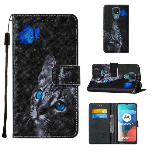 

For Motorola Moto E7 Cross Texture Painting Pattern Horizontal Flip Leather Case with Holder & Card Slots & Wallet & Lanyard(Blue Butterfly Cat Eyes)