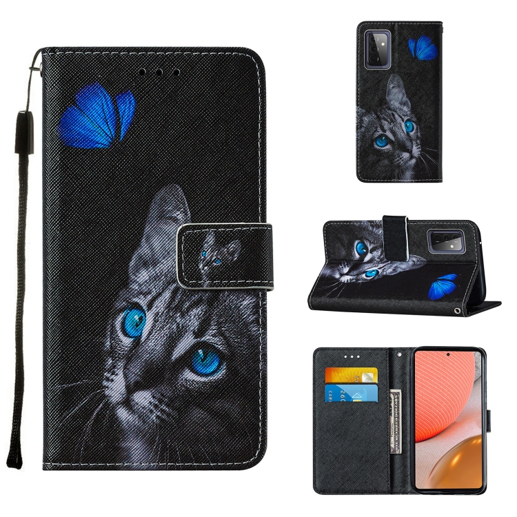 

For Samsung Galaxy A72 5G / 4G Cross Texture Painting Pattern Horizontal Flip Leather Case with Holder & Card Slots & Wallet & Lanyard(Blue Butterfly Cat Eyes)