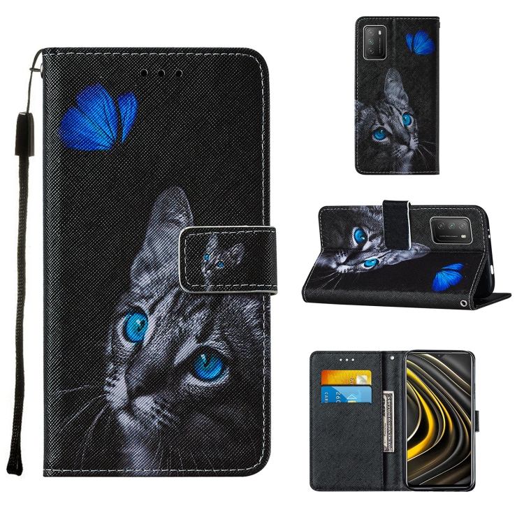 

For Xiaomi Poco M3 Cross Texture Painting Pattern Horizontal Flip Leather Case with Holder & Card Slots & Wallet & Lanyard(Blue Butterfly Cat Eyes)