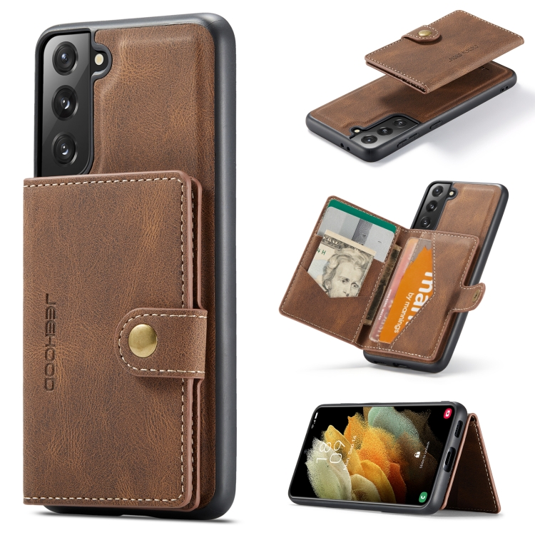 

For Samsung Galaxy S21 5G JEEHOOD Retro Magnetic Detachable Protective Case with Wallet & Card Slot & Holder(Brown)