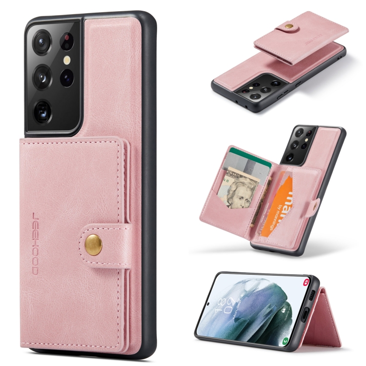 

For Samsung Galaxy S21 Ultra 5G JEEHOOD Retro Magnetic Detachable Protective Case with Wallet & Card Slot & Holder(Pink)