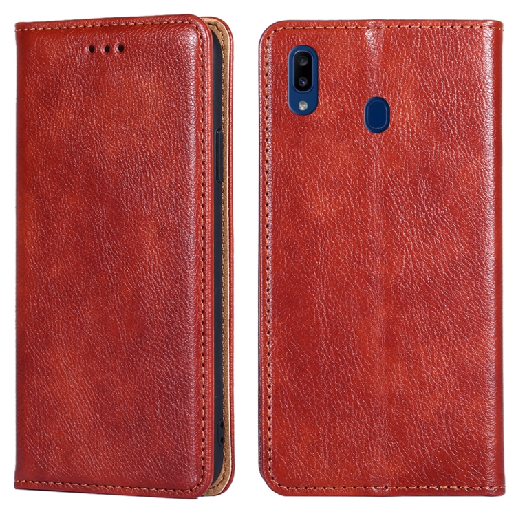 

For Samsung Galaxy A20e PU + TPU Gloss Oil Solid Color Magnetic Horizontal Flip Leather Case with Holder & Card Slot & Wallet(Brown)