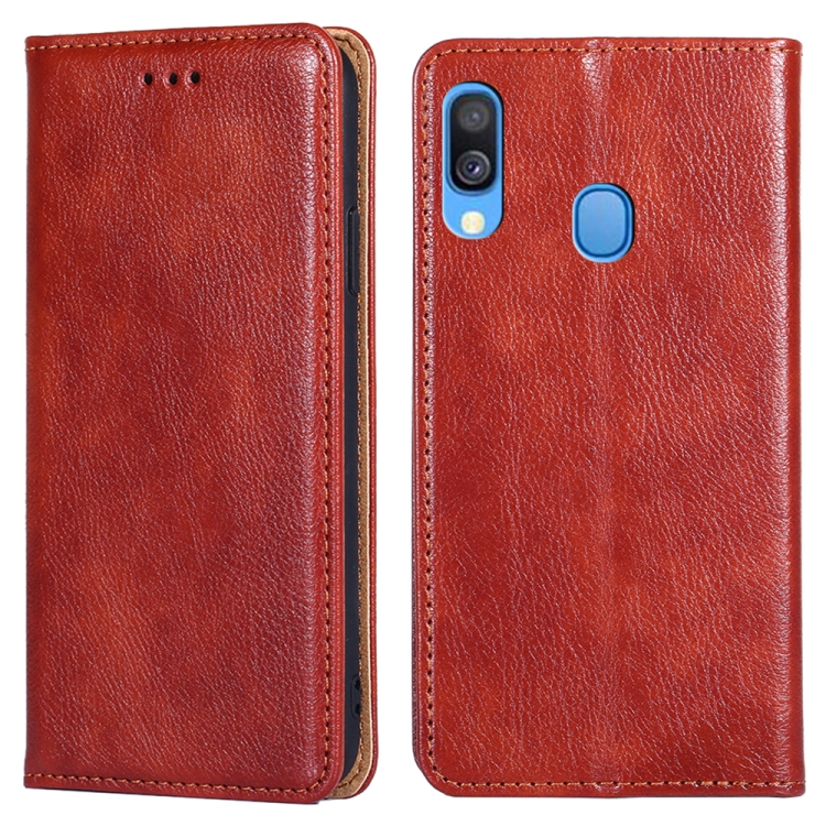 

For Samsung Galaxy A40 PU + TPU Gloss Oil Solid Color Magnetic Horizontal Flip Leather Case with Holder & Card Slot & Wallet(Brown)