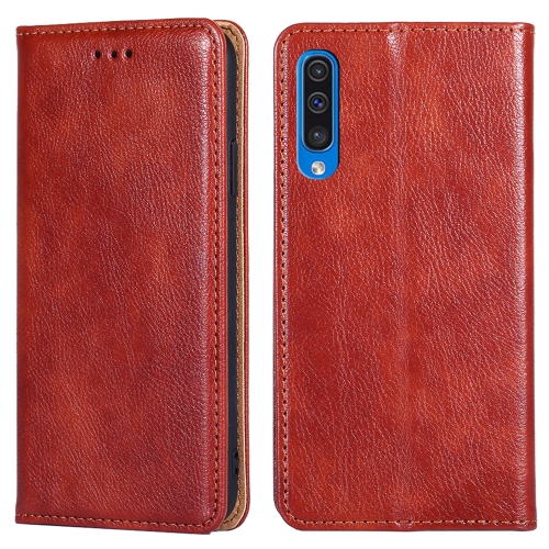 

For Samsung Galaxy A50 PU + TPU Gloss Oil Solid Color Magnetic Horizontal Flip Leather Case with Holder & Card Slot & Wallet(Brown)
