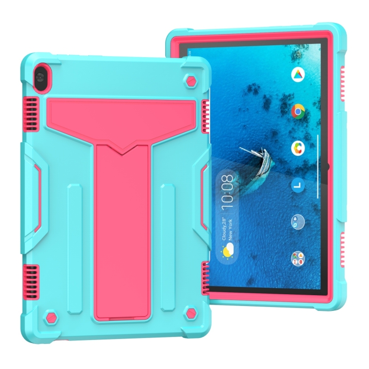 

For Lenovo M10 FHD REL TB-X605F T-shaped Bracket Contrast Color Shockproof PC + Silicone Protective Case(Mint Green + Rose Red)