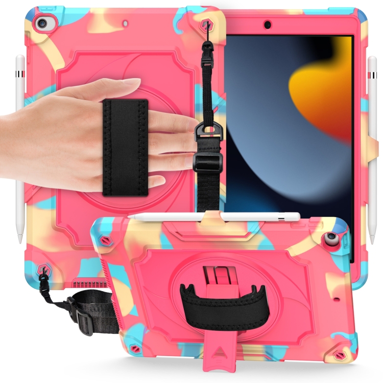 

360 Degree Rotation Turntable Contrast Color Robot Shockproof Silicone + PC Protective Case with Holder For iPad 10.2 / 10.2 (2020) / Pro 10.5(Colorful + Rose Red)