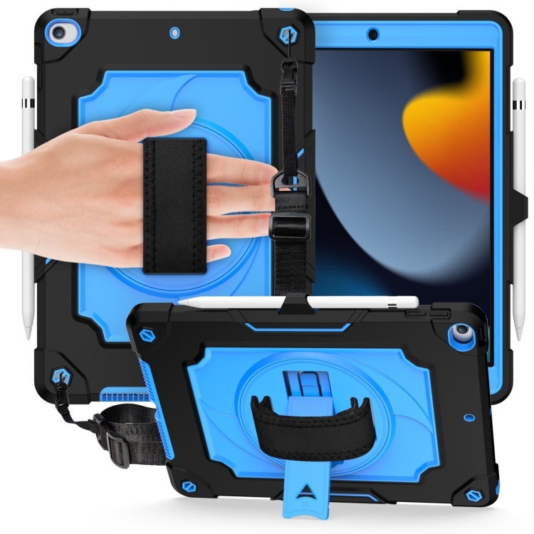 

360 Degree Rotation Turntable Contrast Color Robot Shockproof Silicone + PC Protective Case with Holder For iPad 10.2 / 10.2 (2020) / Pro 10.5(Black + Blue)