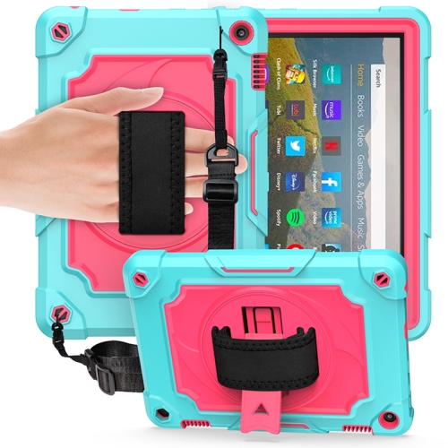 

For Amazon Kindle Fire HD 8 2020 360 Degree Rotation Turntable Contrast Color Robot Shockproof Silicone + PC Protective Case with Holder(Mint Green + Rose Red)
