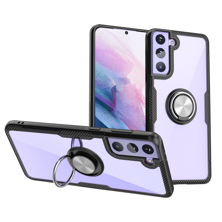 

For Samsung Galaxy S21+ 5G Shockproof Transparent TPU + Acrylic Protective Case with Ring Holder(Black and Silver)