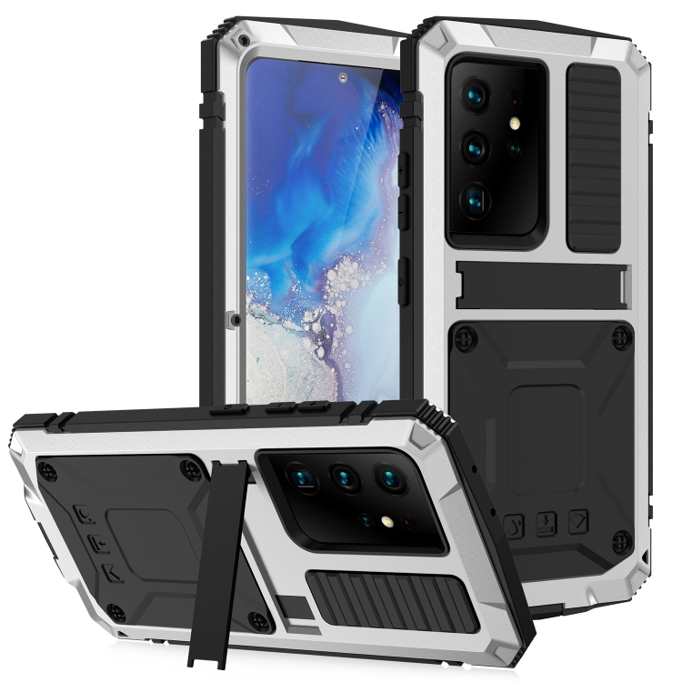 

For Samsung Galaxy S21 Ultra 5G R-JUST Shockproof Waterproof Dust-proof Metal + Silicone Protective Case with Holder(Silver)