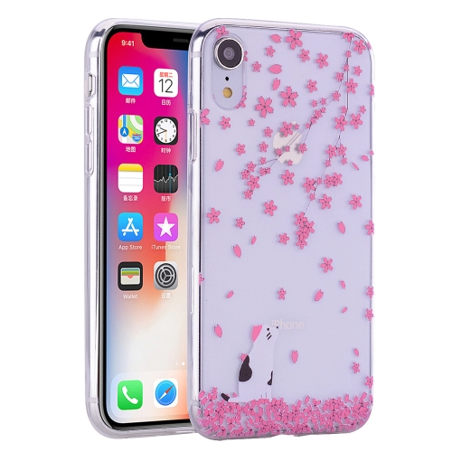 

Coloured Drawing Pattern Highly Transparent TPU Protective Case For iPhone XR(Cherry Blossom Cat)