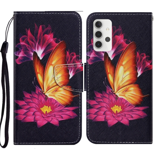 

For Samsung Galaxy A32 5G Coloured Drawing Pattern Horizontal Flip PU Leather Case with Holder & Card Slots & Wallet & Lanyard(Big Golden Butterfly)