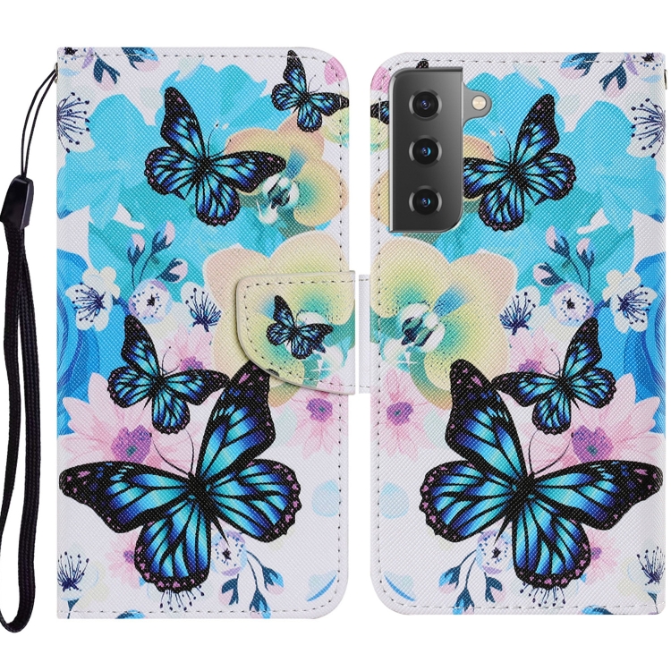 

For Samsung Galaxy S21 5G Coloured Drawing Pattern Horizontal Flip PU Leather Case with Holder & Card Slots & Wallet & Lanyard(Purple Butterfly)