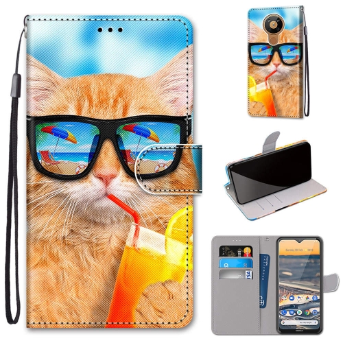

For Nokia 5.3 Coloured Drawing Cross Texture Horizontal Flip PU Leather Case with Holder & Card Slots & Wallet & Lanyard(Cat Drinking Soda)