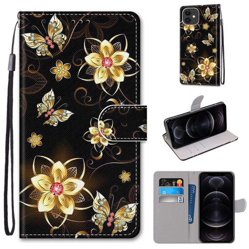 

Coloured Drawing Cross Texture Horizontal Flip PU Leather Case with Holder & Card Slots & Wallet & Lanyard For iPhone 12 mini(Gold Diamond Butterfly)