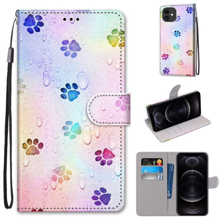

Coloured Drawing Cross Texture Horizontal Flip PU Leather Case with Holder & Card Slots & Wallet & Lanyard For iPhone 12 / 12 Pro(Footprint Water Drops)