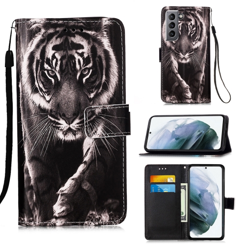 

For Samsung Galaxy S21 5G Colored Drawing Pattern Plain Weave Horizontal Flip Leather Case with Holder & Card Slot & Wallet & Lanyard(Black And White Tiger)