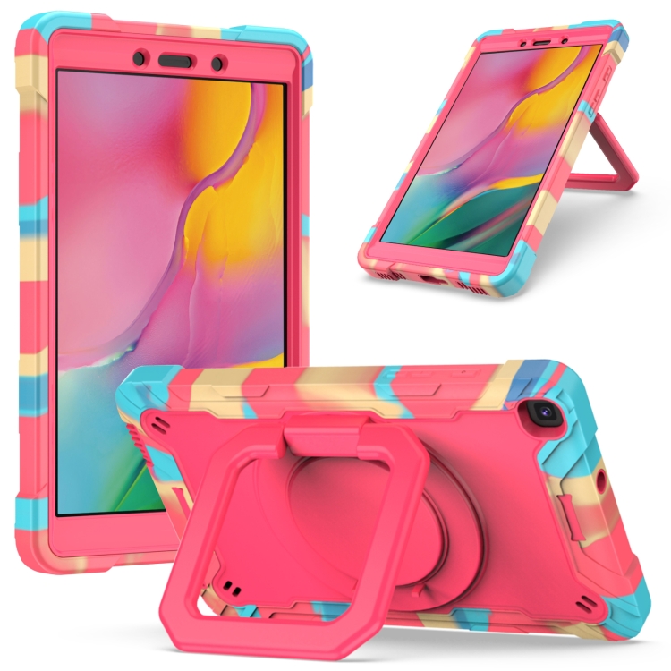 

For Samsung Galaxy Tab A 8.0 (2019) T290 Contrast Color Shockproof Robot Silicone + PC Case with Wristband Holder(Camouflage + Rose Red)