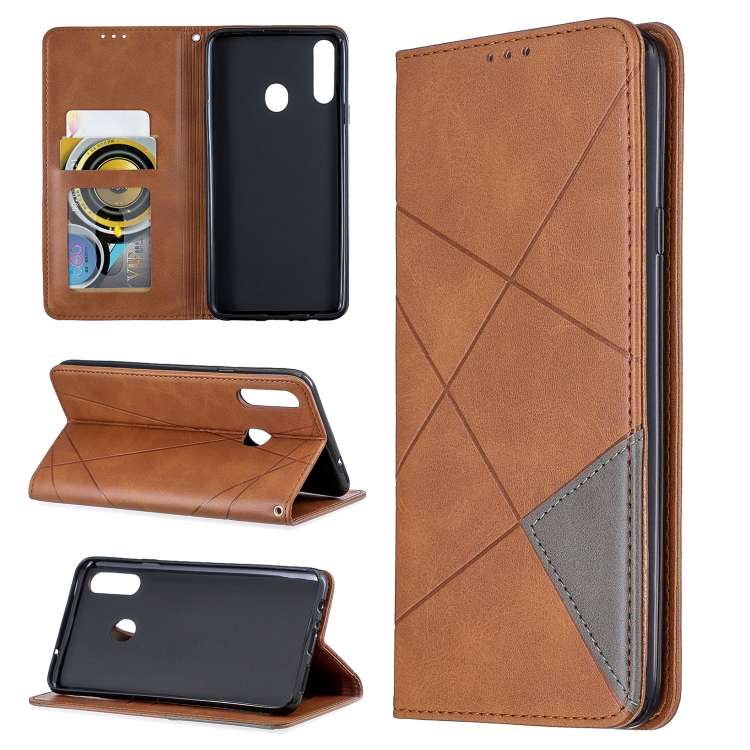 

For Galaxy A20s Rhombus Texture Horizontal Flip Magnetic Leather Case with Holder & Card Slots(Brown)