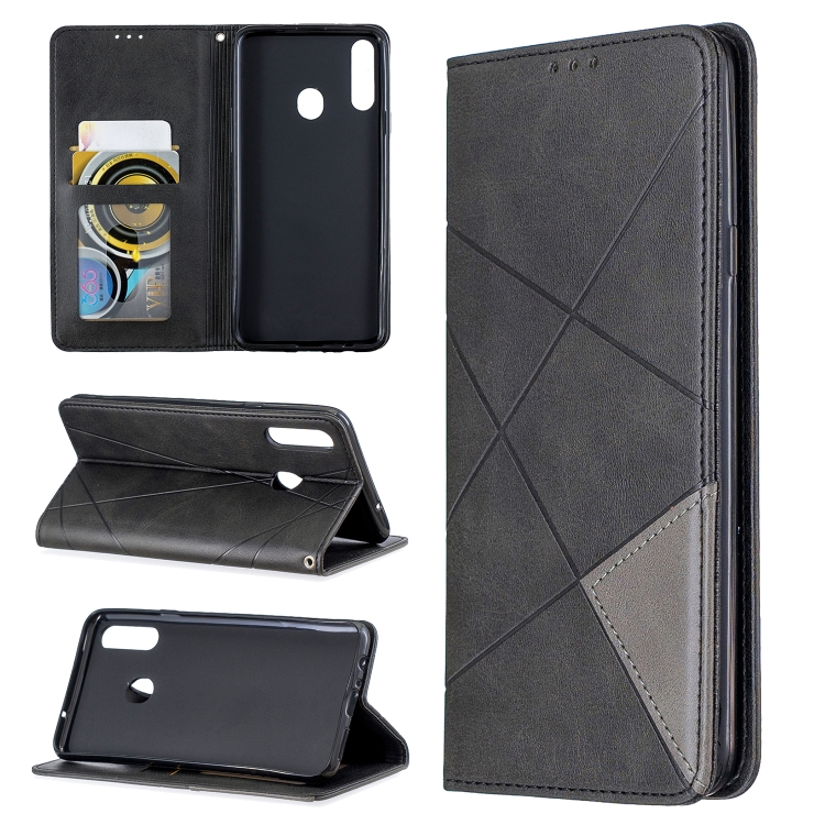 

For Galaxy A20s Rhombus Texture Horizontal Flip Magnetic Leather Case with Holder & Card Slots(Black)